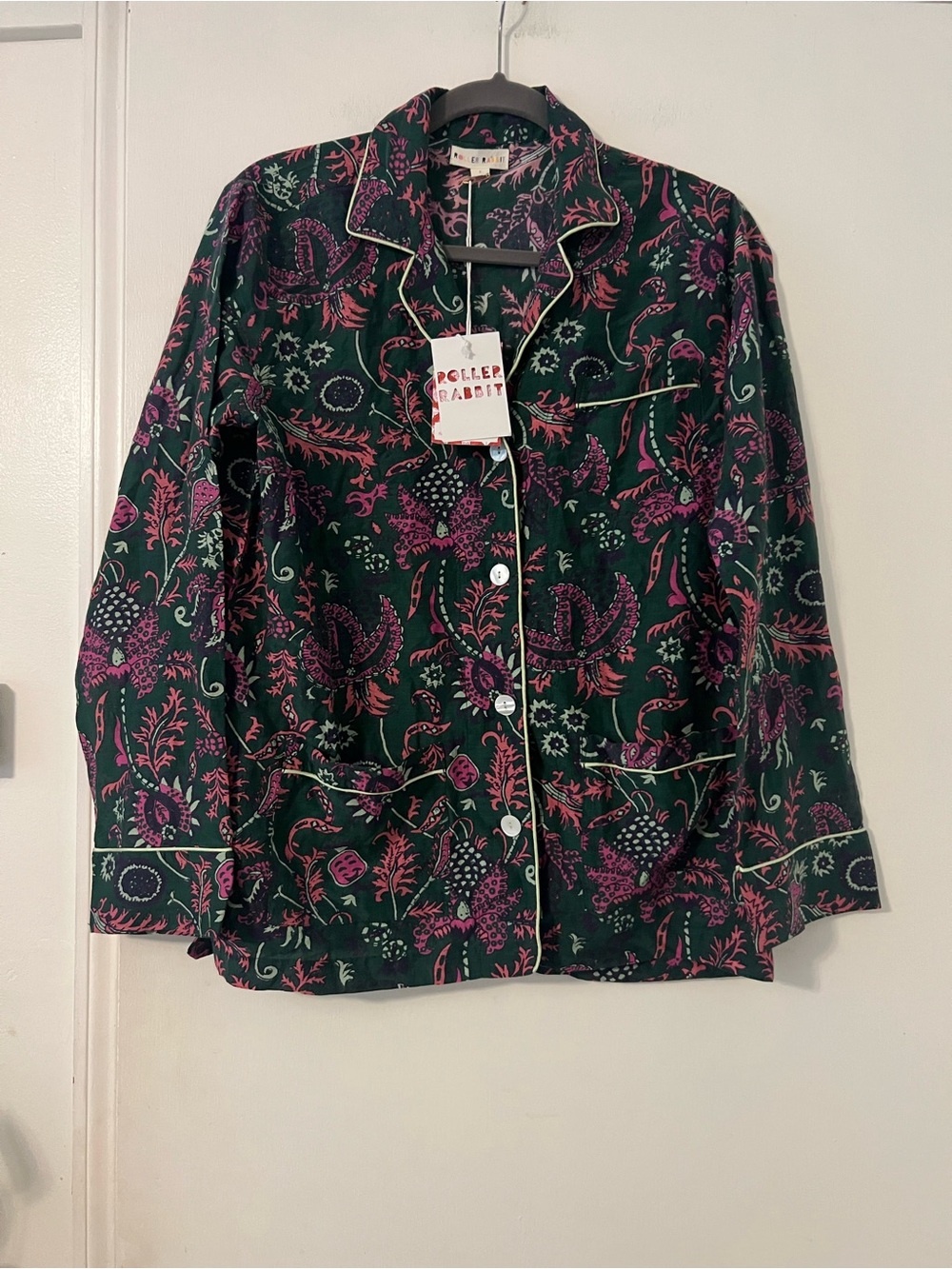 NWT Roller Rabbit Women's Green & Pink Printed Button-Up pajama top size S (Y100